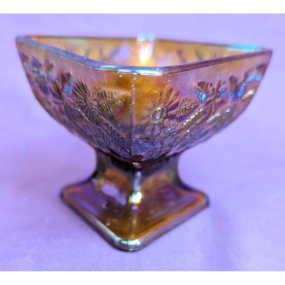 Indiana Carnival Glass Diamond Shaped Pedestal Dish Amber Iridescent Vintage